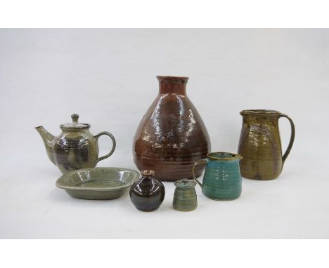 Michael Leach large brown vase (27cm) and square bowl, Yelland studio pottery&nbsp;to include foliate pattern jug (18cm), tea