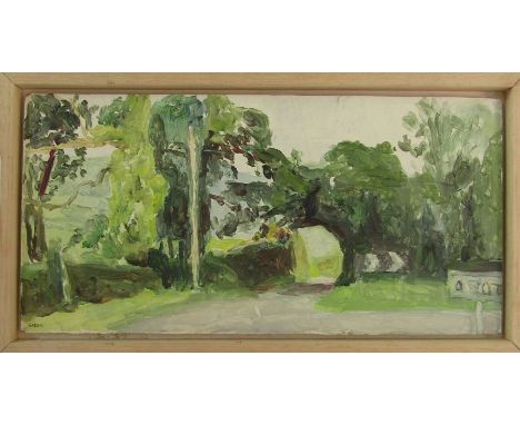Paul R Gildea (1956) The New English Art Club. Oil on board. A rural country lane with overhanging trees, signpost and teleph