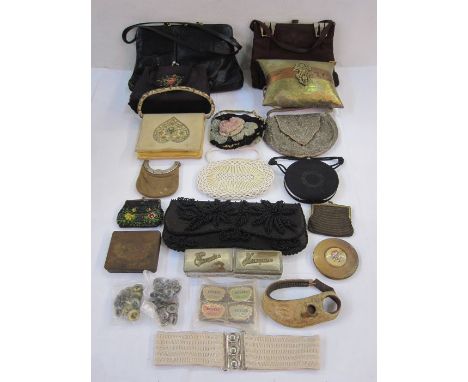 Collection of vintage bags including leather, embroidery, felt, beaded with an assortment of boxes and purses (1 box)