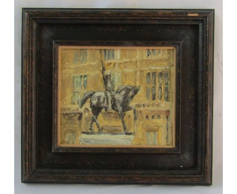 Paul R Gildea (1956) The New English Art Club. Oil on board. Statue of King Richard 1 on horseback raising a sword outside th