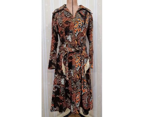 Late 1960's/early 70's psychedelic&nbsp;shirt dress in browns, oranges and creams, with two belts, a black lurex and chiffon 