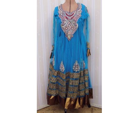 Indian style embroidered dress, turquoise, net, with heavy beading and braid detail and matching scarf, with a crinkle cotton