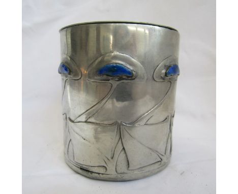 Archibald Knox for Liberty & Co polished pewter cylindrical canister/tobacco jar decorated with blue enamelled styled flowers
