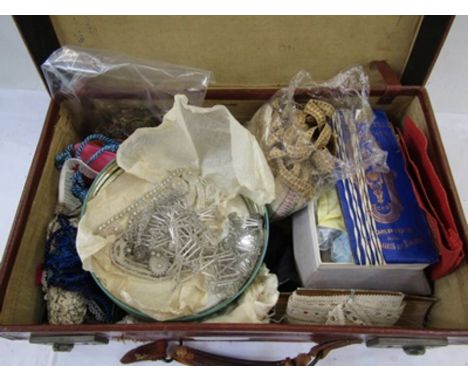 Vintage lace cuts and fabric pieces., quantity of sequin trimmings and braids, three white beaded pieces , all sorts within a