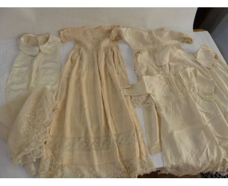 A vintage silk/bib front shirt,a lace fichu , lace and silk christening gown with petticoats, other baby dresses,&nbsp; a sma