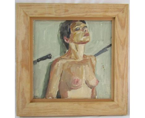 Paul R Gildea (1956) The New English Art Club. Oil on board. Nude female with knives (27cm x 27cm) signed to lower left 
