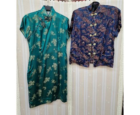Three Chinese style satin jackets, a patchwork cotton jacket with batwing sleeves and frog fastening, with metal Chinese styl