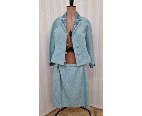 Vintage boucle wool suit labelled Tricosa, lurex detail to the collar, loop and button fastening, a vintage shirt and skirt l
