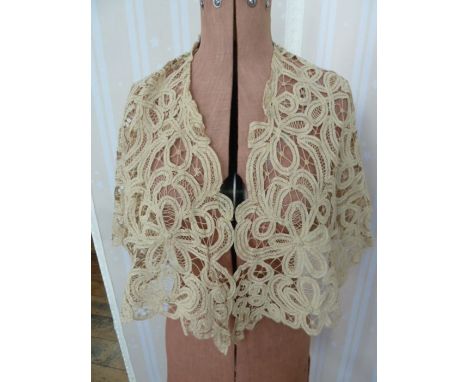 19th century bobbin lace deep collar with tiny appliqued flowers added to the neck line, a lace silk shawl and another ( 3)