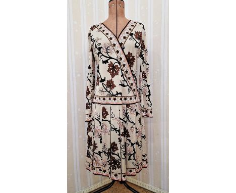 Emilio Pucci vintage jersey silk dress with fixed wrap front, drop waist, box pleat skirt, full-length sleeves
