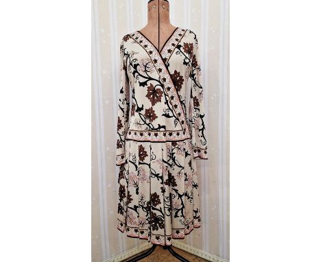 Emilio Pucci vintage jersey silk dress with fixed wrap front, drop waist, box pleat skirt, full-length sleeves