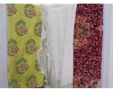 Vintage fabric and cushions to include a large piece of yellow cotton machine-embroidered with red and green floral decoratio