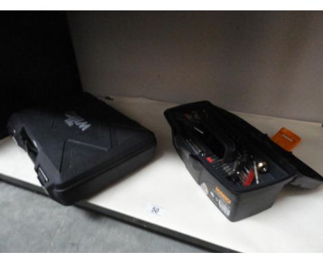 A boxed Wilko drill and toolbox of tools etc