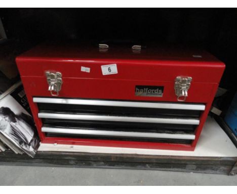 A Halfords 3 drawer Top Box tool box with some tools