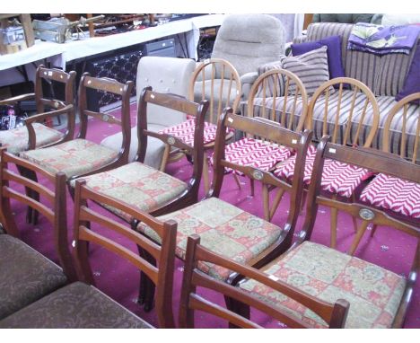 4 contemporary mahogany dining chairs and 1 carver with tapestry seats