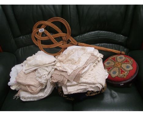 A quantity of cloth, linen and lace, footstool featuring tapestry top and carpet beater