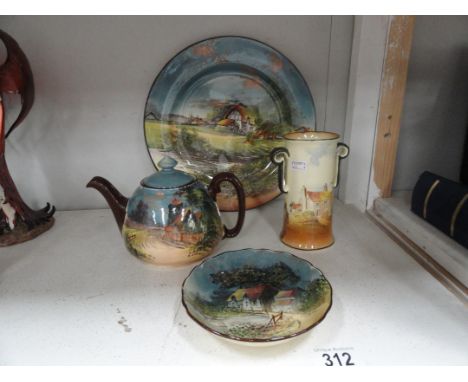 3 matching Royal Doulton items consisting teapot, plate and dish and a Royal Doulton twin handled vase marked D3647