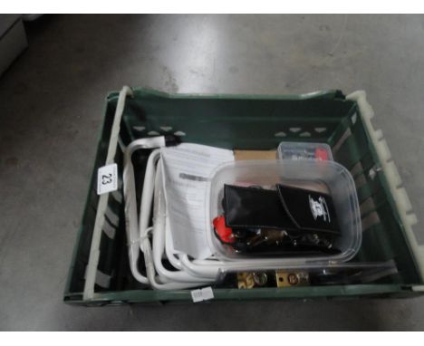A small box of padlock, locks, locksmiths tools (keys) and rafter hooks
