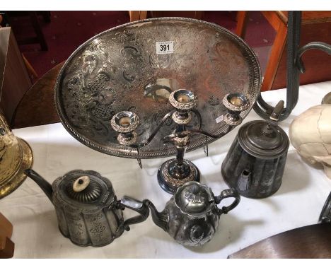 A quantity of silver plate items including tray, 3 tier candlestick etc