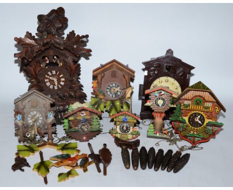 A selection of six cuckoo clocks, having manual wind movements for spares or repair. 