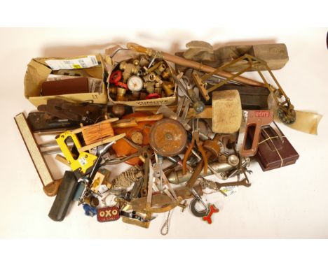 A collection of early 20th century and later carpenters hand tools and associated accessories in two boxes. (2) 