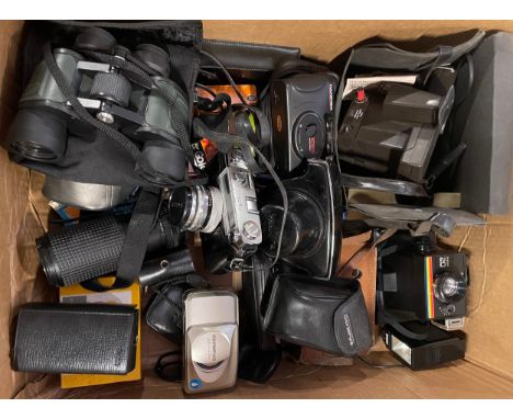 A collection of cameras to include 35mm Yashika, Olympus and Pentax compact cameras, with two pairs of binoculars. 