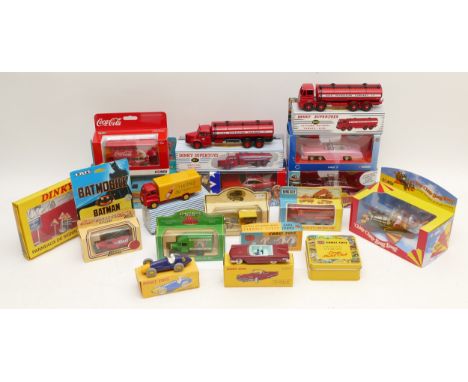 A collection of Corgi and Dinky replica diecast models, with scale figures and road signs, boxed in unused condition. 