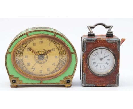 A green enamel bedside alarm clock, c.1920's, having a Swiss movement, 7.5cm tall, together with an early 20th century miniat