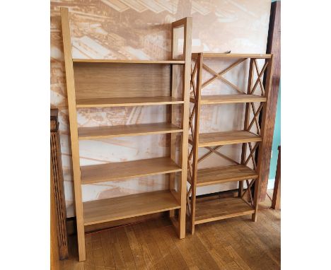 A modern light oak four height freestanding open bookshelf, H161, W70, D30cm, together with a similar larger example, W90, H1