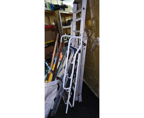Various garden tools and three ladders 