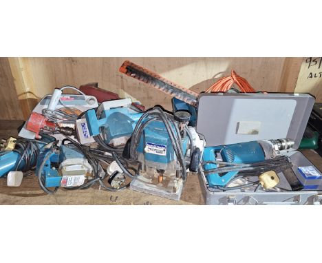 A collection of power tools, to include Makita Router 3600B, Jigsaw 4300BA, Belt Sander 9900B and Impact Drill 84196B, cased 