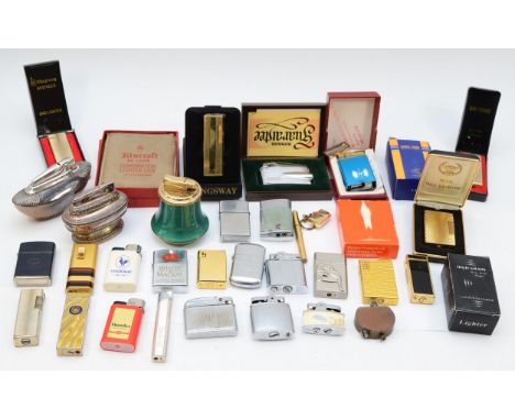 A collection of mid 20th century and later cigarette lighters, pocket and table, gas and petrol filled, makers to include Ron