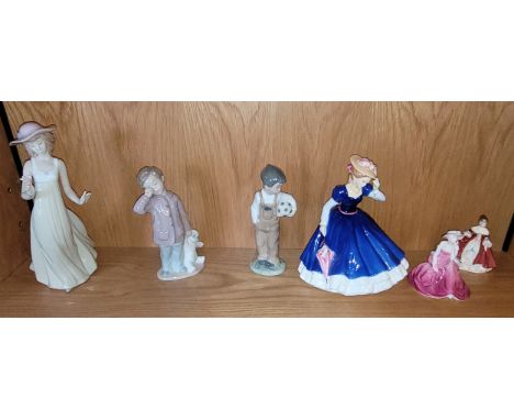 Three Nao porcelain figurines, together with Royal Doulton figurines Mary HN3375, Southern Belle HN3174 and a Coalport figuri