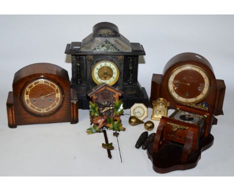 A collection of early 20th century and later clocks, to include an Edwardian slate mantel clock, two Westminster chime, a wal