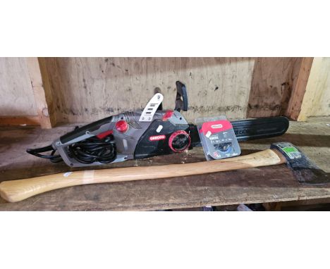 An Oregon 18" electric chainsaw with power sharp spare chain and a Draper Expert 2kg felling axe 