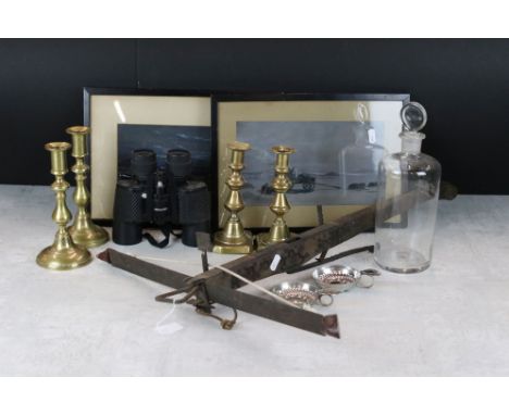 A box of mixed collectables to include brass candlesticks, crossbow, wine tasting cups...etc. 