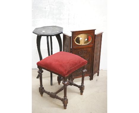 Small Art Nouveau Wooden Three Fold Fire Screen together with a Stool with turned carved supports and Octagonal Table (a/f)