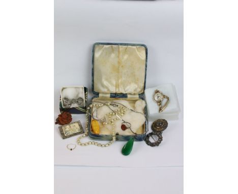 A small collection of mainly vintage costume jewellery to include a 9ct gold cased ladies watch and a antique seal ring.. 