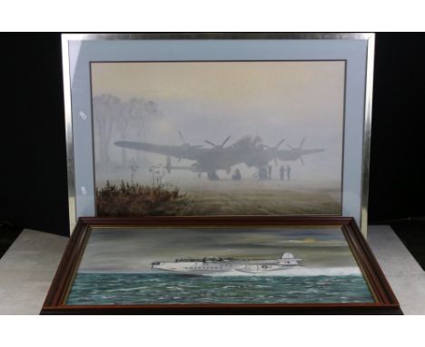 John Brooks (20th century) Oil Painting on Canvas of a Sunderland Flying Boat, signed lower right, 50cm x 75cm, framed togeth
