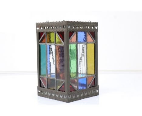 Late 19th / Early 20th century Square Hanging Hall Lantern with leaded stained coloured and clear glass panels, 25cm high