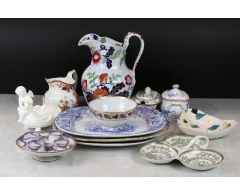 Mixed lot of 19th and 20th century Ceramics including Ridgway Ironstone Wash Jug, Three 19th century Meat Plates, Bristol Ind