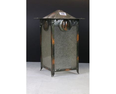 Art Nouveau / Arts &amp; Crafts Square Coppered Lantern with textured opaque glass panels, 39cm high 