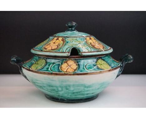 Della Robbia Pottery (Birkenhead 1894-1906) Lidded Soup Tureen and Cover in the melon pattern in shades of green, blue and oc