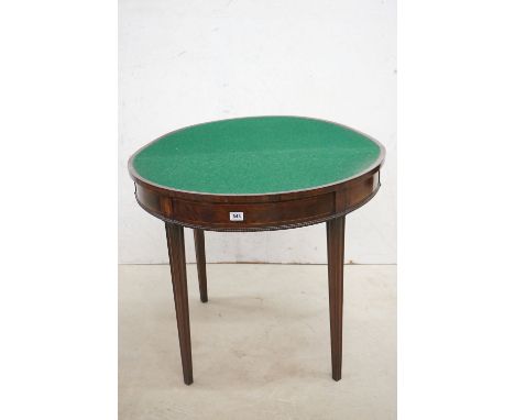 George III Mahogany and Cross-banded Inlaid Demi-lune Fold Over Card Table with beaded edge and green baise playing surface, 