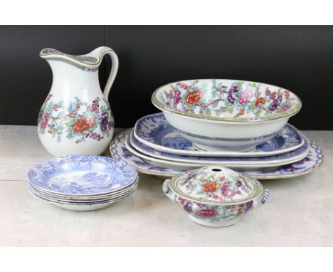 Mixed lot of 19th and Early 20th century Ceramics including a Floral pattern Wash Bowl, Basin and Pot Pouri Dish, Six Spode B