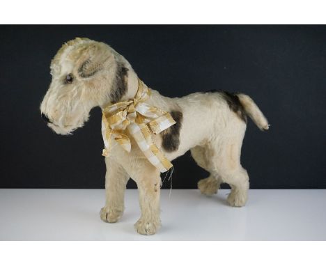 Mid century Standing Fox Terrier, plush cream with brown and black patches, glass eyes, stitched black nose and claws, no tag