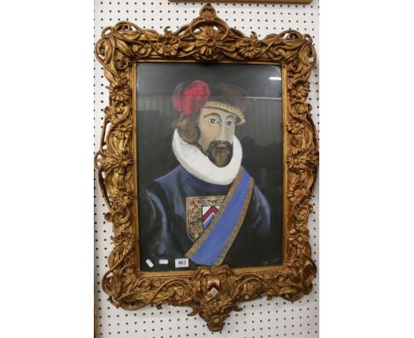 Oil Painting, Portrait of 16th century Noble Man, 60cm x 42cm, contained in an Ornate Gilt effect Frame with a Crest 
