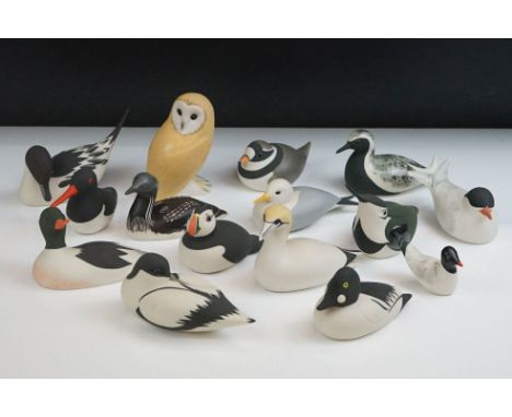 Collection of Fifteen Scottish ' Isle of Arran ' Partial Bisque Ceramic Sea Birds and an Owl, largest 12cm long 