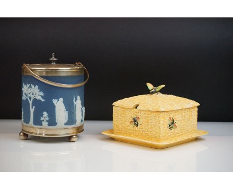 Carltonware Honey or Butter Dish and Cover with honey bee finial and yellow basket weave body, 17cm wide together with Wedgwo