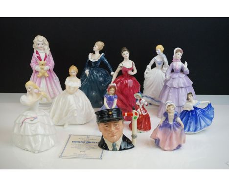 Nine Royal Doulton Figurines including Jean, Faith, Heather, Dinky Do, Ivy, Elaine, Christmas Morn, Innocence and Fragrance t